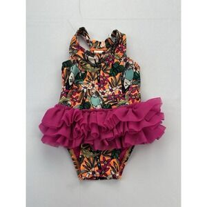 Cat & Jack Baby Girls 9M Tropical Parrot Tutu Swimsuit One Piece Pink Ruffle